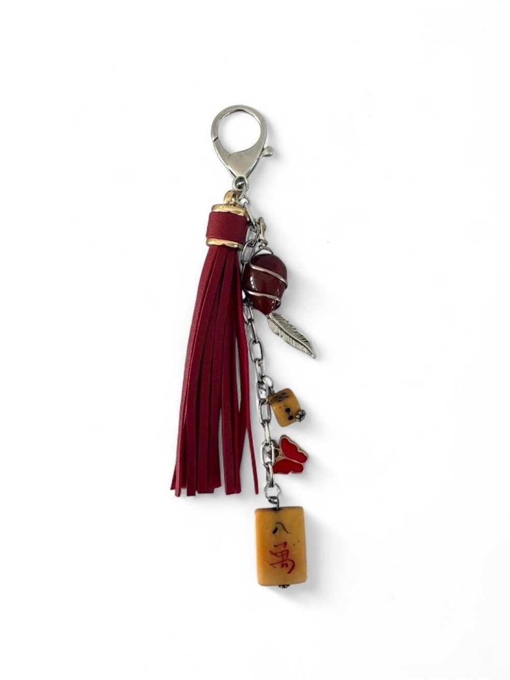 Mixed Metal Silver and Gold Carnelian Bag Charm with Red Tassel